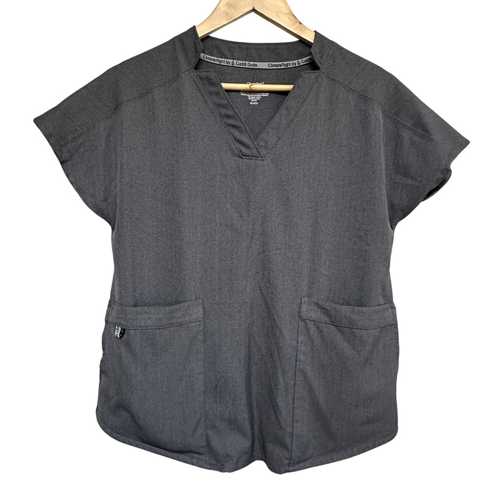 ClimateRight by Cuddl Duds Grey Scrub Top V-Neck Short Sleeve Women's XS